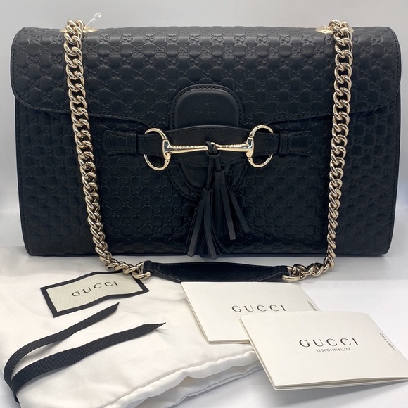 Gucci Emily Guccissima GG Logo Black Leather Shoulder Bag New - Picture 9 of 17